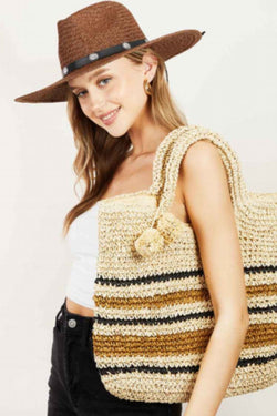 Fame Striped Straw Braided Tote Bag.