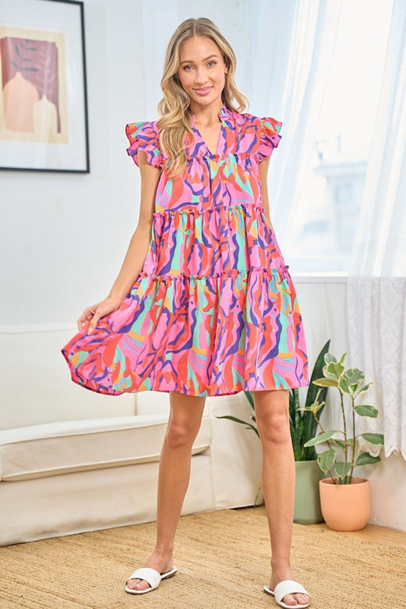 First Love Full Size Printed Ruffle Cap Sleeve Tiered Dress.