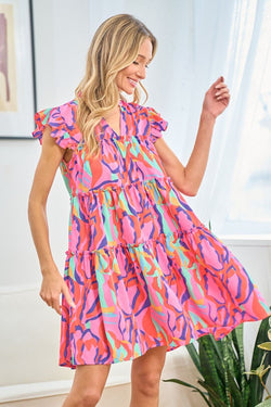 First Love Full Size Printed Ruffle Cap Sleeve Tiered Dress.