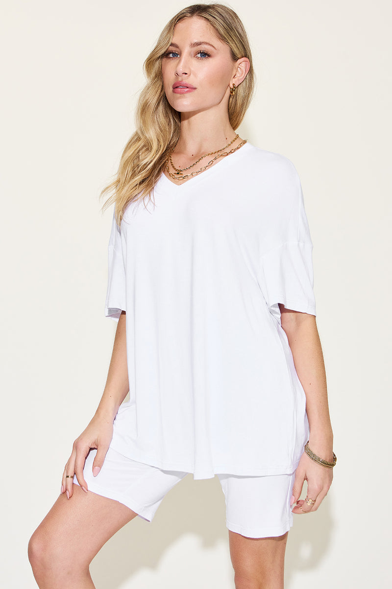 Basic Bae Full Size V-Neck Drop Shoulder T-Shirt and Shorts Set.