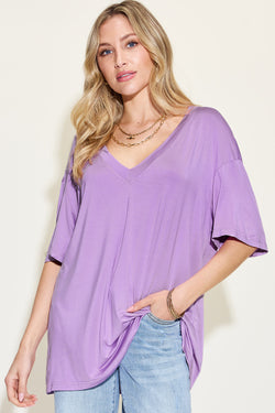 Basic Bae Full Size Bamboo V-Neck Drop Shoulder T-Shirt.