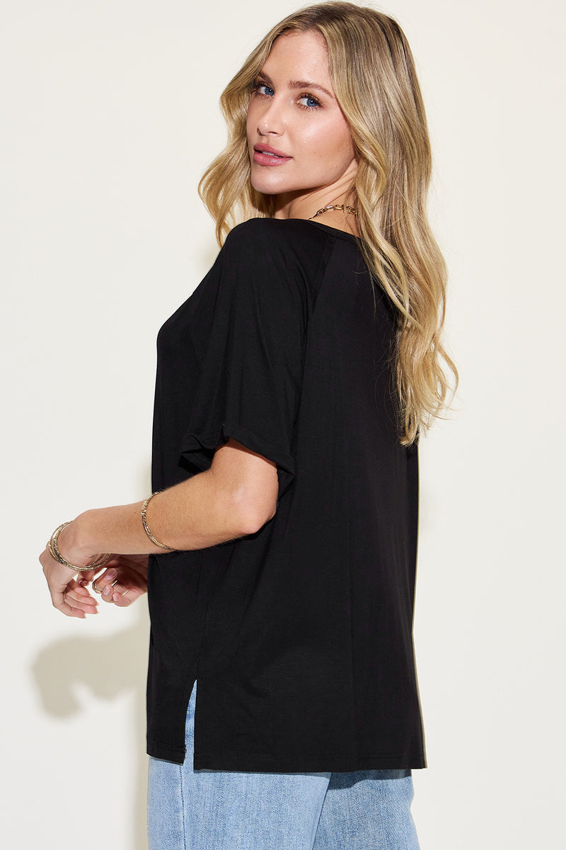 Basic Bae Full Size Bamboo Slit V-Neck Short Sleeve T-Shirt.