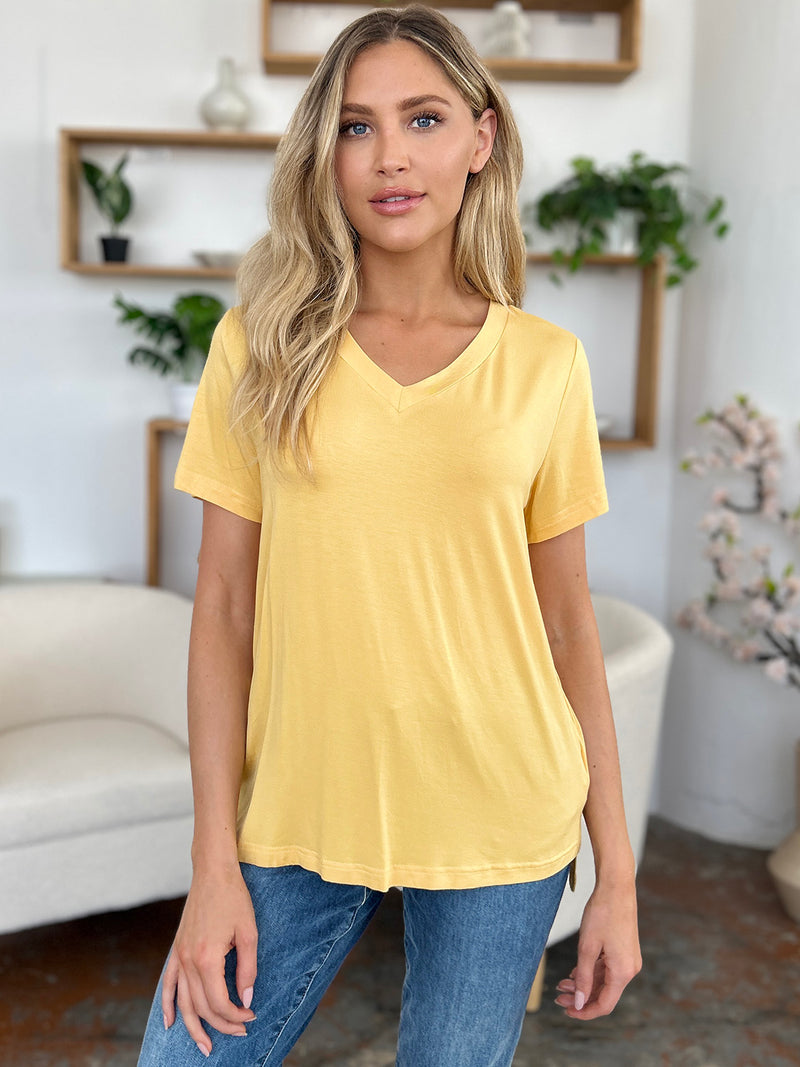 Basic Bae Bamboo Full Size V-Neck High-Low T-Shirt.