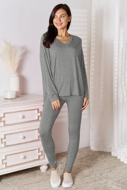 Basic Bae Bamboo Full Size V-Neck Long Sleeve Top and Pants Lounge Set.