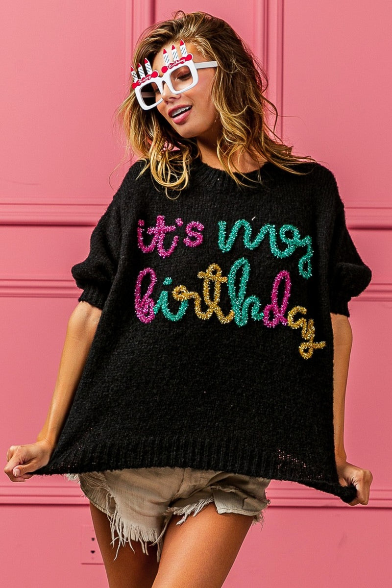 BiBi Metallic Letter Puff Sleeve Hairy Sweater.