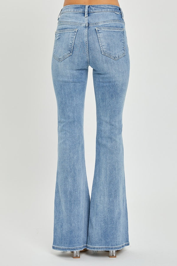 Risen Full Size High Rise Frayed Hem Flare Jeans.