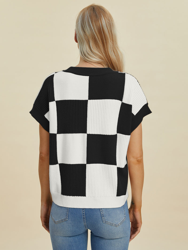 Double Take Checkered Round Neck Short Sleeve Sweater