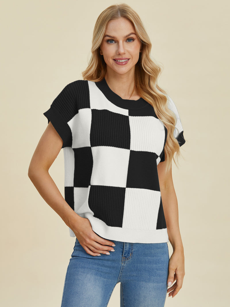 Double Take Checkered Round Neck Short Sleeve Sweater