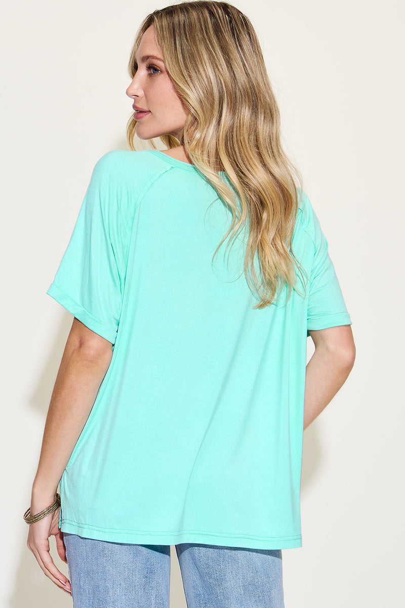 Basic Bae Full Size Bamboo Slit V-Neck Short Sleeve T-Shirt.