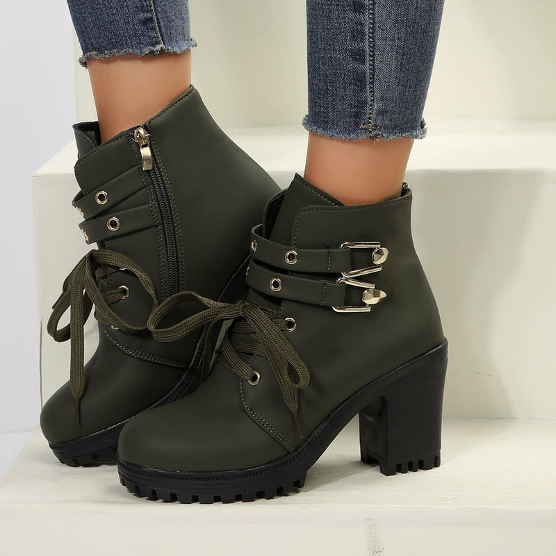 PU Leather Round Toe Block Heel Boots.