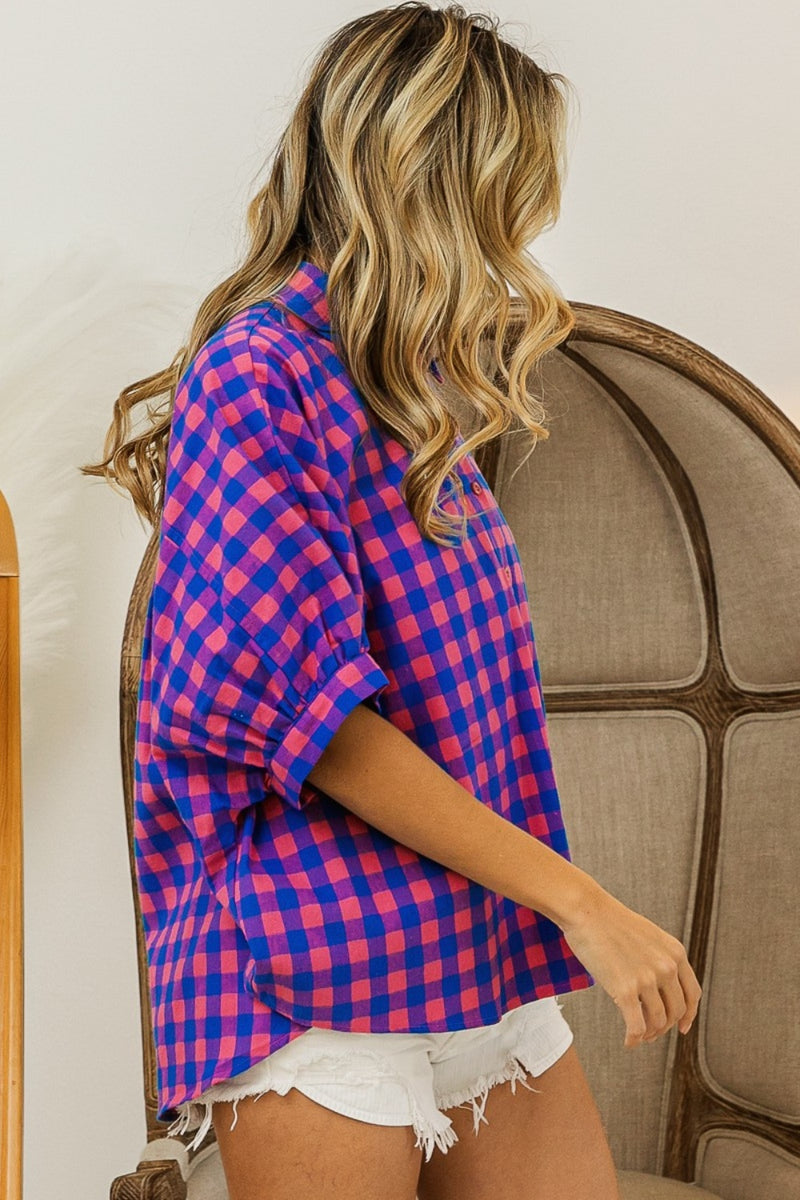 BiBi Plaid Button Up Dolman Sleeve Shirt.