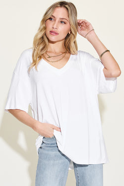 Basic Bae Full Size Bamboo V-Neck Drop Shoulder T-Shirt.