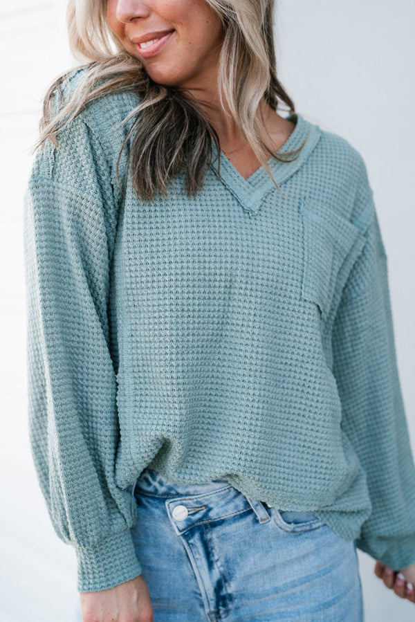 Threaded Pear:  Eden Raw Edge Detail Waffle Knit V Neck Top.