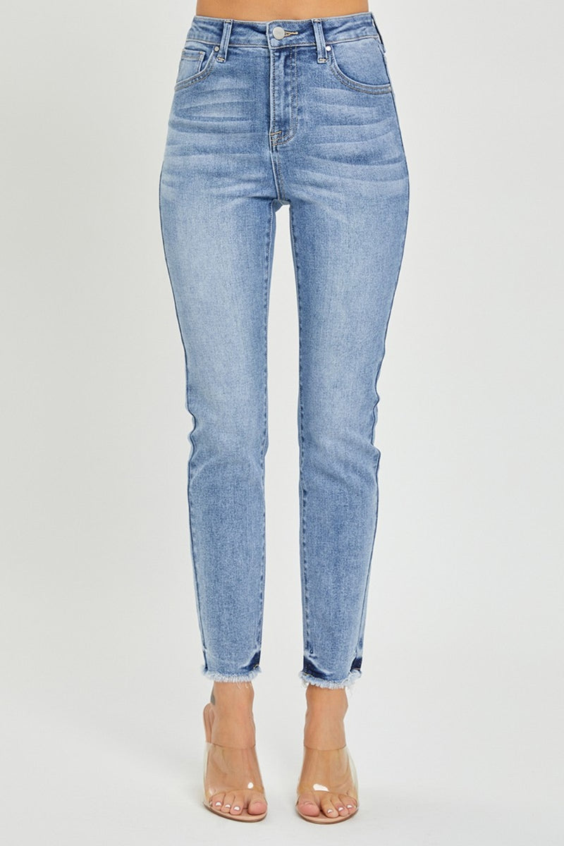 RISEN Full Size High Rise Frayed Hem Skinny Jeans.