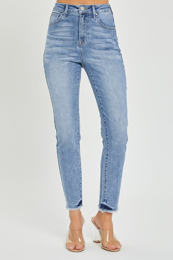 RISEN Full Size High Rise Frayed Hem Skinny Jeans.