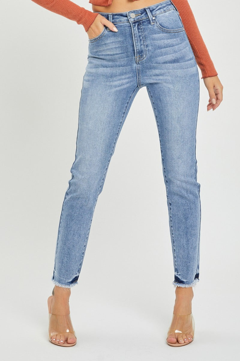 RISEN Full Size High Rise Frayed Hem Skinny Jeans.