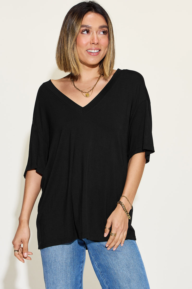 Basic Bae Full Size Bamboo V-Neck Drop Shoulder T-Shirt.