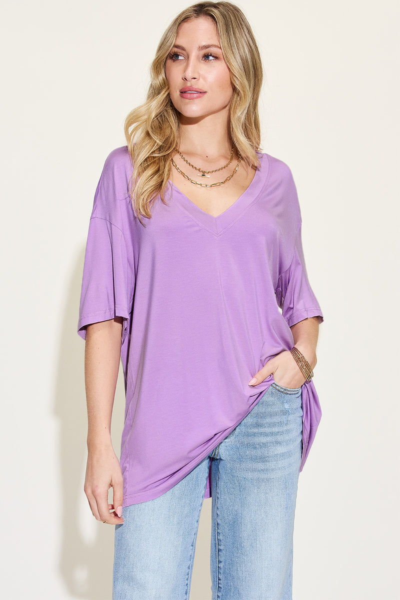 Basic Bae Full Size Bamboo V-Neck Drop Shoulder T-Shirt.