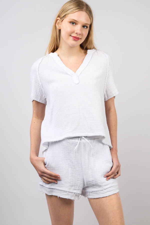 VERY J Washed Cotton Crinkle Gauze Top and Shorts Set.