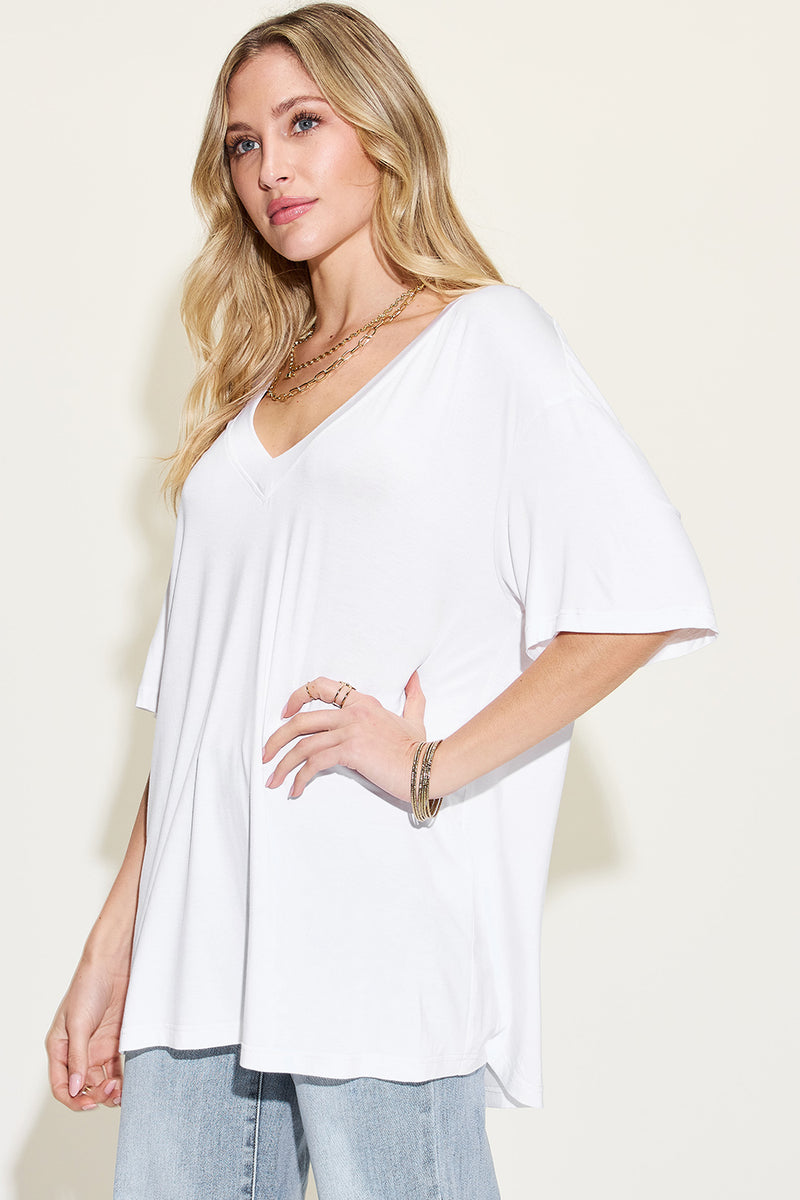 Basic Bae Full Size Bamboo V-Neck Drop Shoulder T-Shirt.