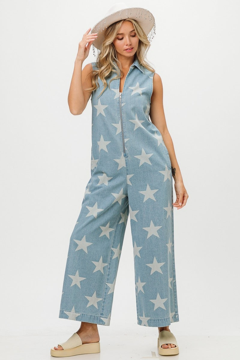 BiBi Star Print Half Zip Sleeveless Denim Jumpsuit.