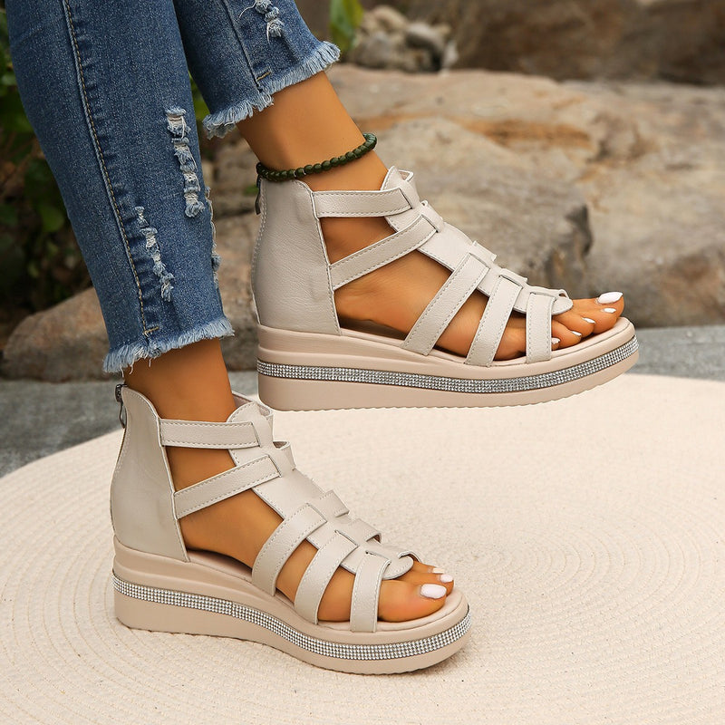 Cutout Rhinestone Trim Wedge Sandals.