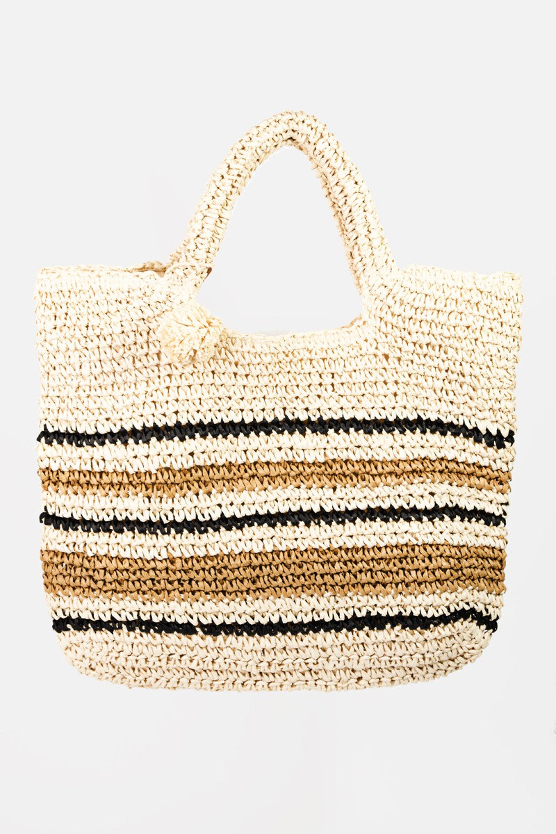 Fame Striped Straw Braided Tote Bag.