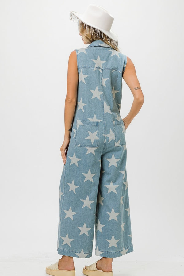 BiBi Star Print Half Zip Sleeveless Denim Jumpsuit.