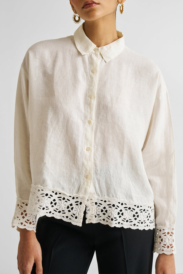 Reistor Button-down with Lace Shirt in Off-white.