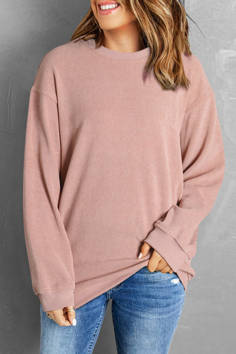 Faith Solid Ribbed Knit Round Neck Pullover Sweatshirt