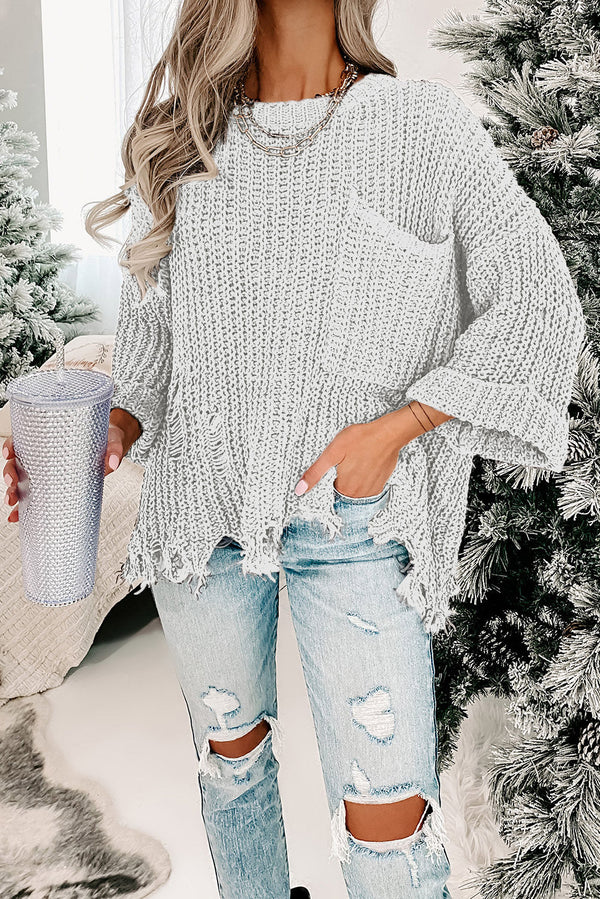 Threaded Pear:  Alina Ripped Raw Hem Chunky Pullover Sweater.