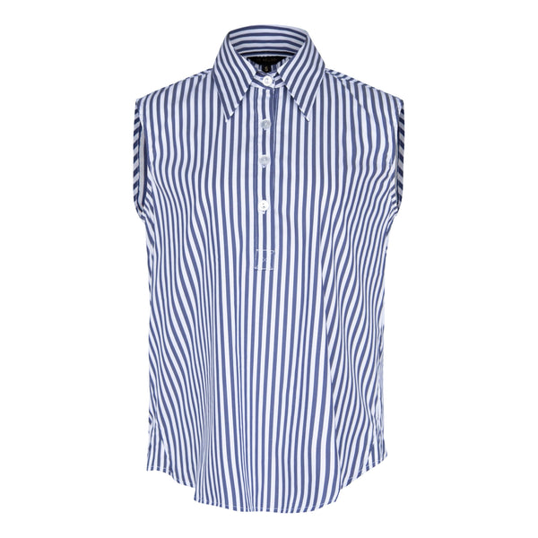 The Olivia Sleeveless Blue Stripe Blouse in Italian Cotton.