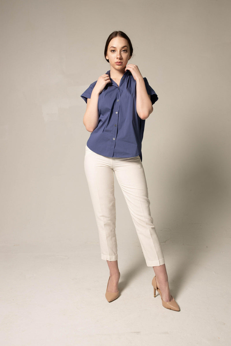 Le Reussi Women's Gather Collar Shirt in Navy.