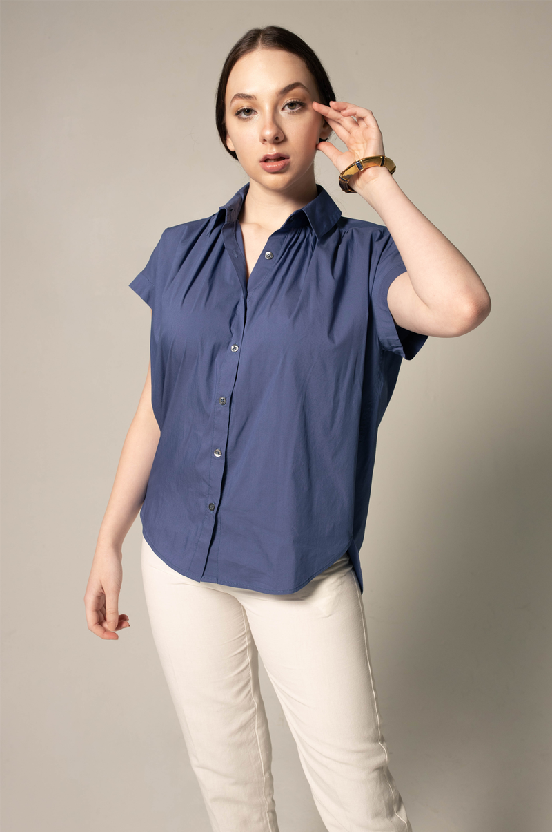 Le Reussi Women's Gather Collar Shirt in Navy.