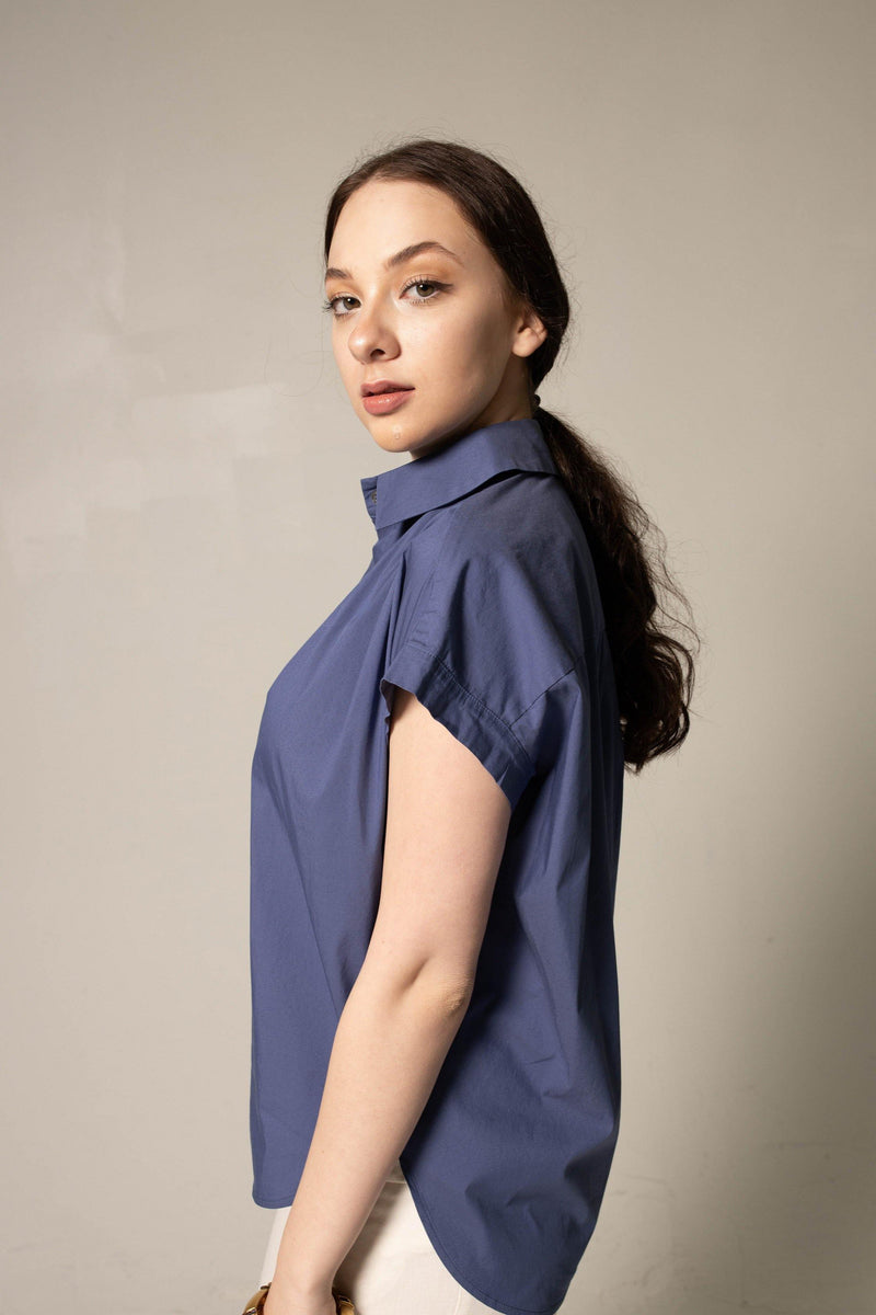 Le Reussi Women's Gather Collar Shirt in Navy.