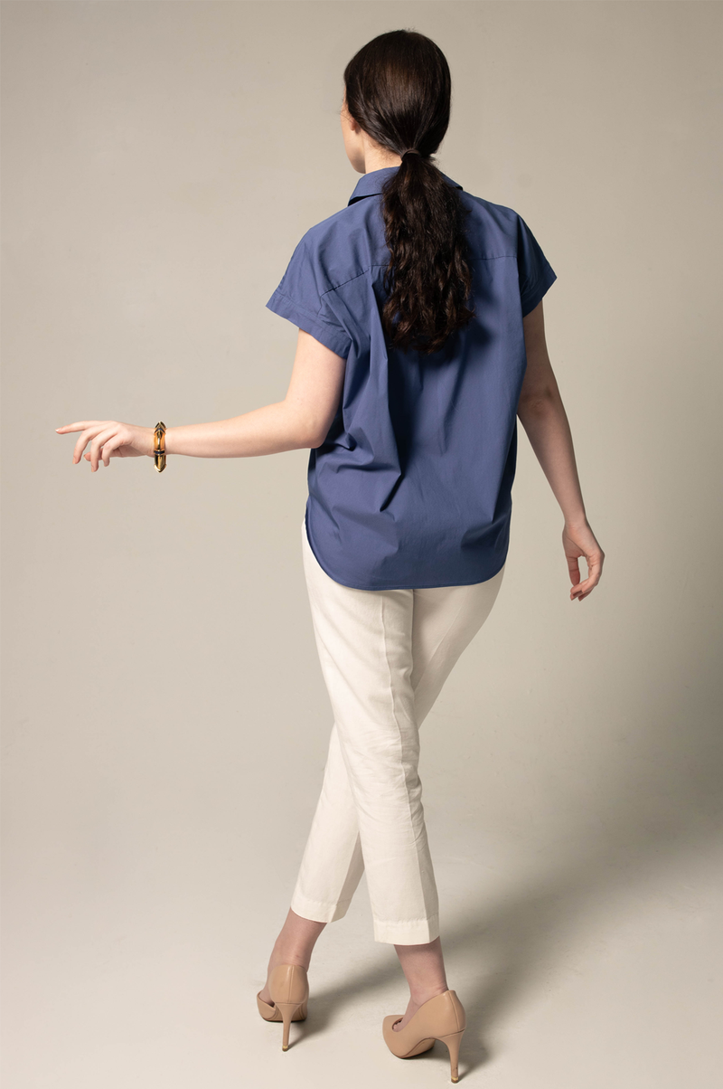 Le Reussi Women's Gather Collar Shirt in Navy.