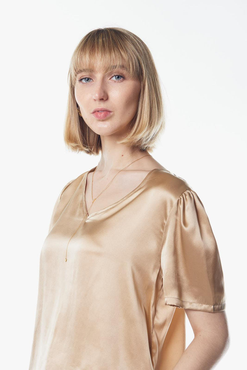 Le Reussi Champagne V-Neck Blouse.