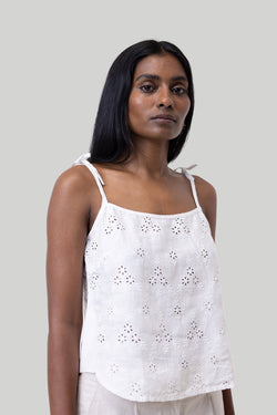 Reistor Tie-up Camisole in White Embroidery.