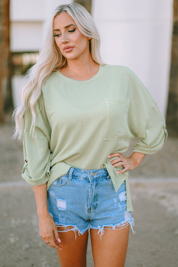 Threaded Pear:   Jade Ribbed Roll-tab Sleeve Chest Pocket Oversized Top.