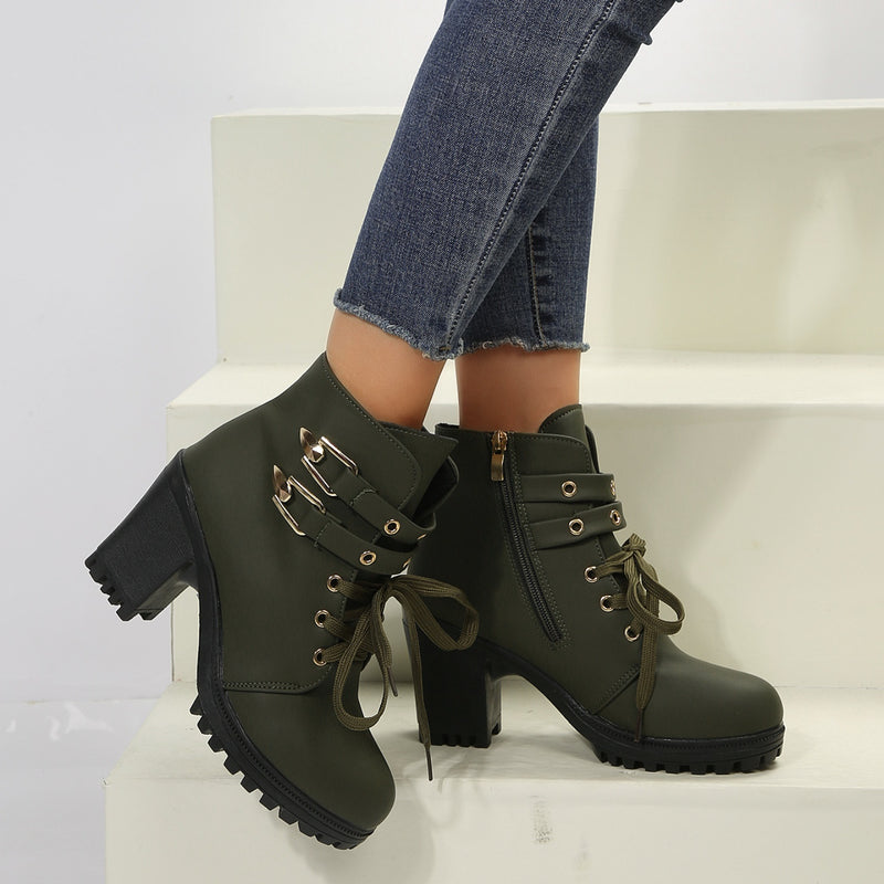 PU Leather Round Toe Block Heel Boots.