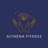 Althena Fitness Logo: drawing of gold lotus in open hands with a few stars sprinkled around the flower on a blue background with the words ALTHENA FITNESS printed in all white caps underneath