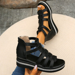 Cutout Rhinestone Trim Wedge Sandals.