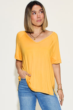 Basic Bae Full Size Bamboo Slit V-Neck Short Sleeve T-Shirt.