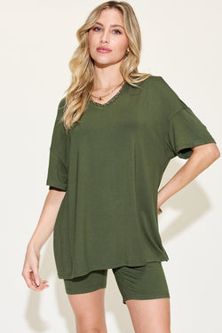 Basic Bae Full Size V-Neck Drop Shoulder T-Shirt and Shorts Set.