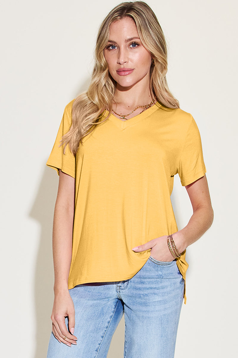 Basic Bae Bamboo Full Size V-Neck High-Low T-Shirt.