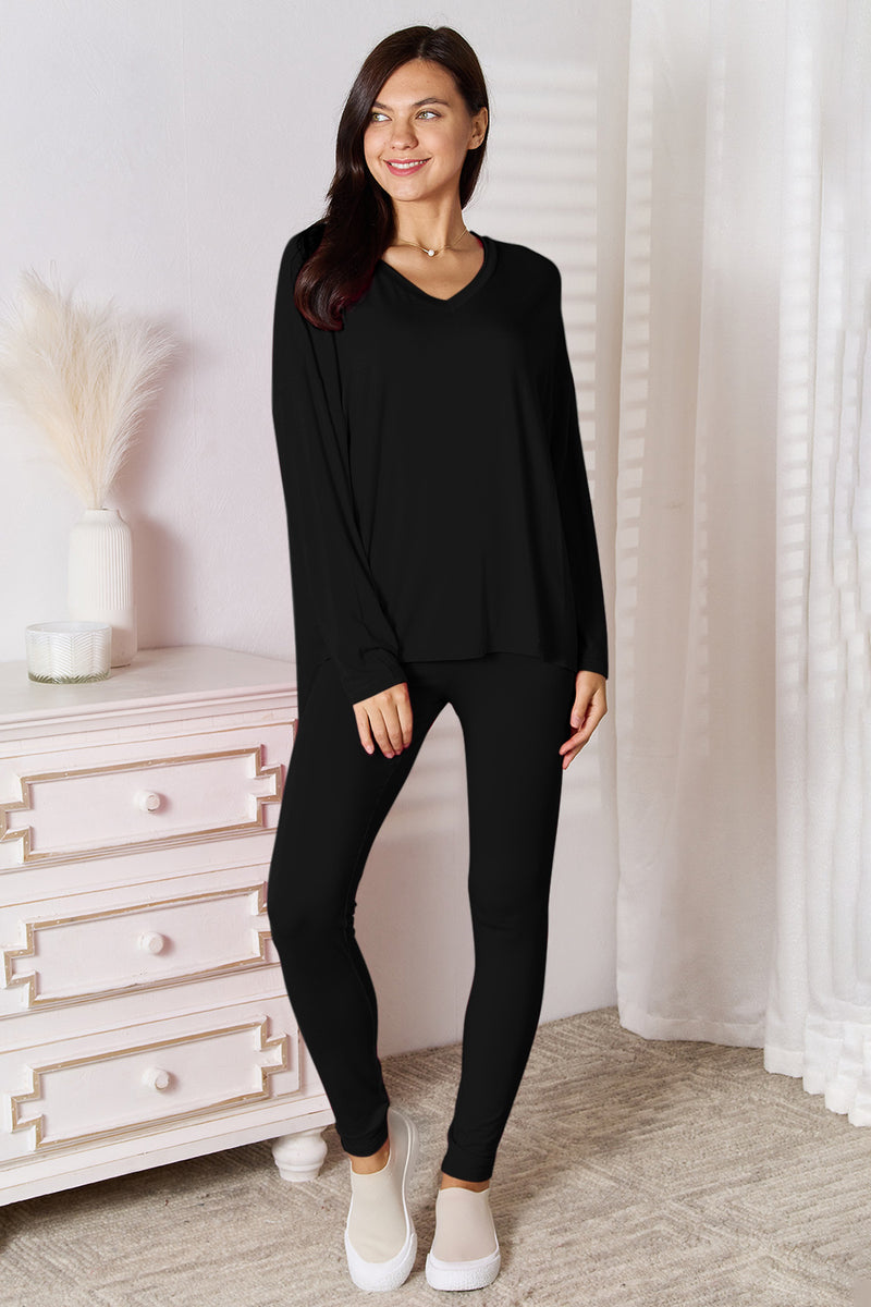 Basic Bae Bamboo Full Size V-Neck Long Sleeve Top and Pants Lounge Set.