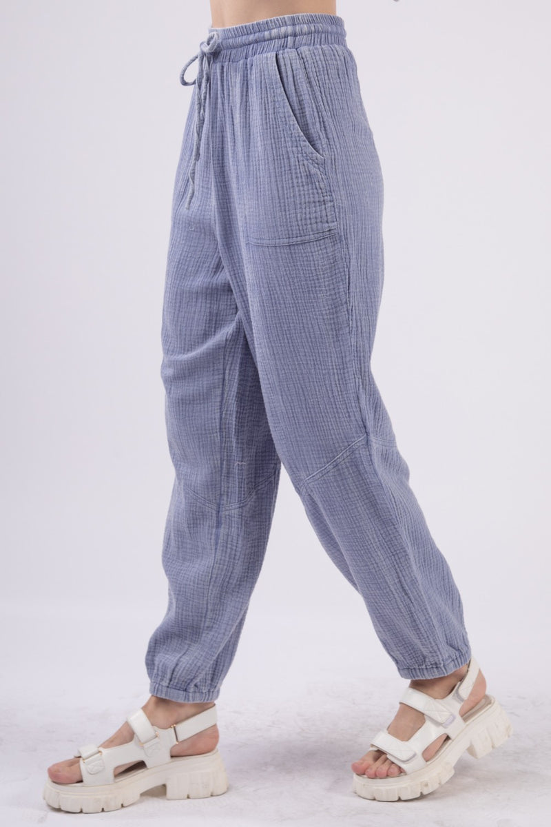 VERY J Washed Woven Crinkle Gauze Drawstring Cargo Pants.