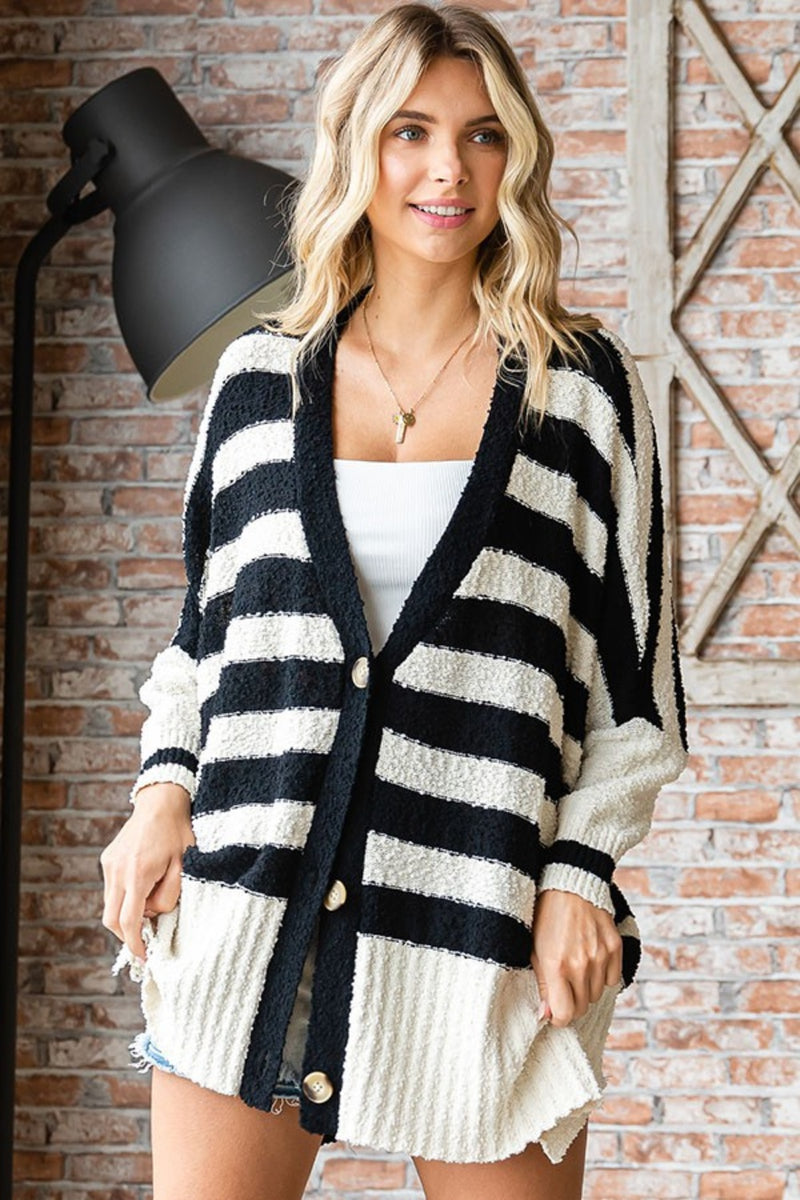 First Love Textured Striped Button Down Cardigan.