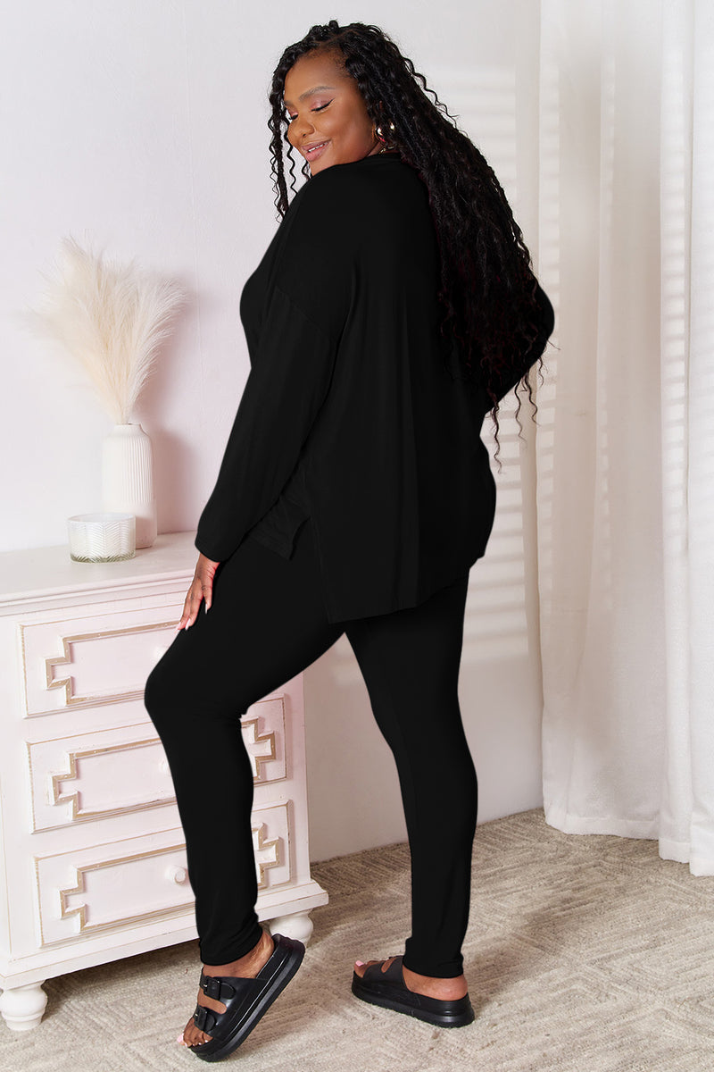 Basic Bae Bamboo Full Size V-Neck Long Sleeve Top and Pants Lounge Set.