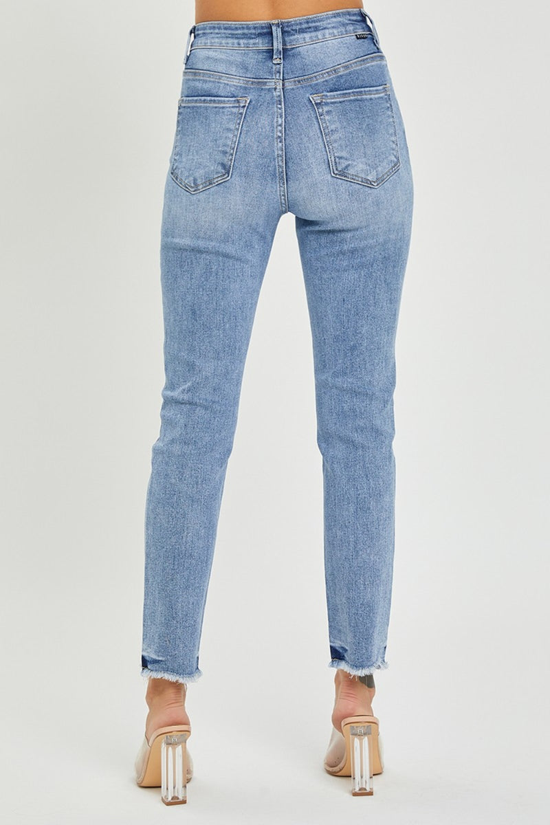 RISEN Full Size High Rise Frayed Hem Skinny Jeans.